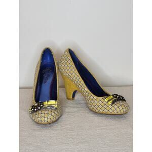 POETIC LICENSE Hot To Trot Pumps Heels Yellow Gray Plaid Wool Embellished sz 8.5